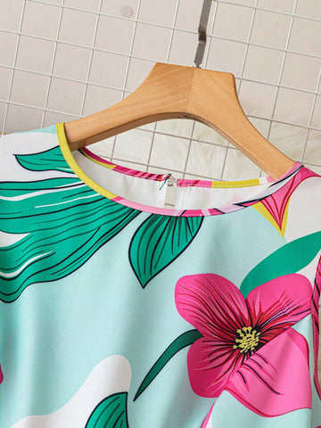 Women Romantic Floral Print Dress With High Side Slit, Country Style