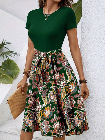 Women Round Neck Printed Patchwork Belted Casual Daily Wear SpringSummer Dress