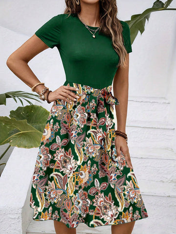 Women Round Neck Printed Patchwork Belted Casual Daily Wear SpringSummer Dress