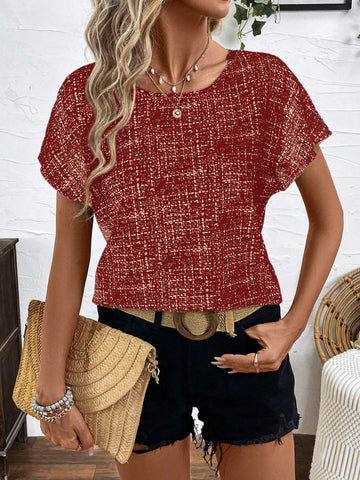 LUNE Women Round Neck Short Sleeve Casual Blouse, Daily Wear