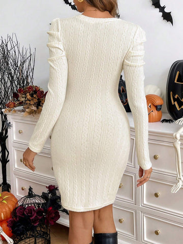 Women Round Neck Solid Puff Sleeve Fitted Dress
