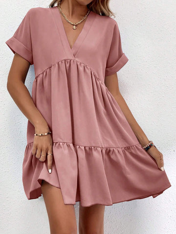 Women Ruched Detail V-Neck Short Sleeve Dress