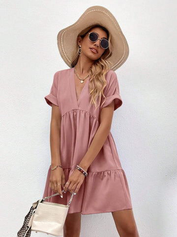 Women Ruched Detail V-Neck Short Sleeve Dress