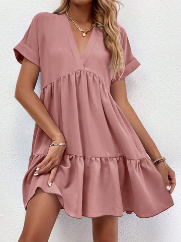 Women Ruched Detail V-Neck Short Sleeve Dress