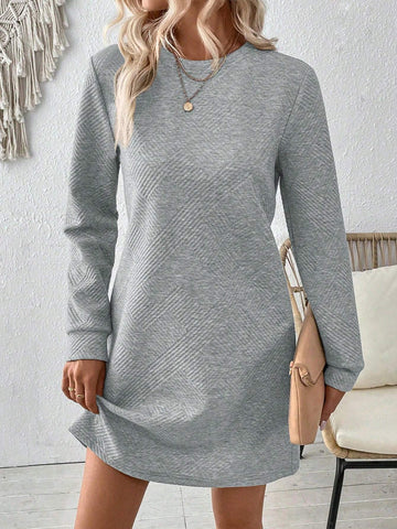 Women Short Crew Neck Long Sleeve Casual Mini Dress, Daily Wear