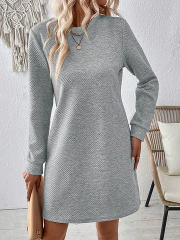 Women Short Crew Neck Long Sleeve Casual Mini Dress, Daily Wear