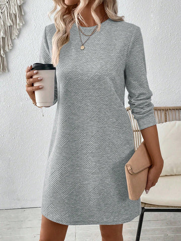 Women Short Crew Neck Long Sleeve Casual Mini Dress, Daily Wear