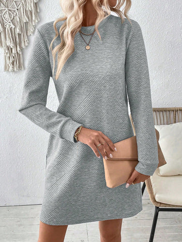 Women Short Crew Neck Long Sleeve Casual Mini Dress, Daily Wear