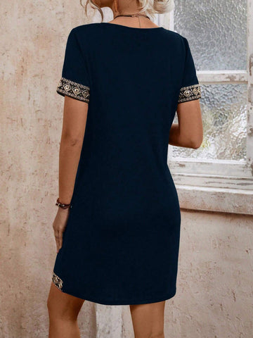 Women Simple V-Neck Patchwork Short Sleeve Casual A-Line Mini Dress SKU: sz2408163434772644