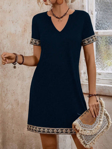 Women Simple V-Neck Patchwork Short Sleeve Casual A-Line Mini Dress SKU: sz2408163434772644