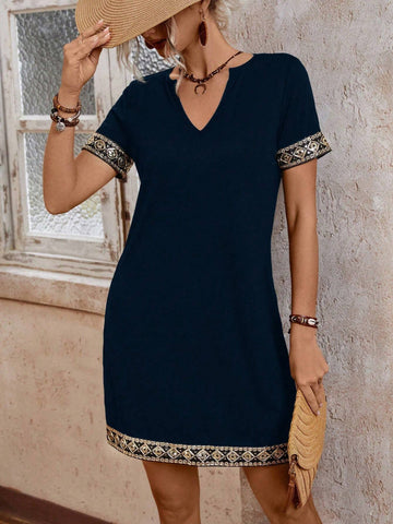 Women Simple V-Neck Patchwork Short Sleeve Casual A-Line Mini Dress SKU: sz2408163434772644