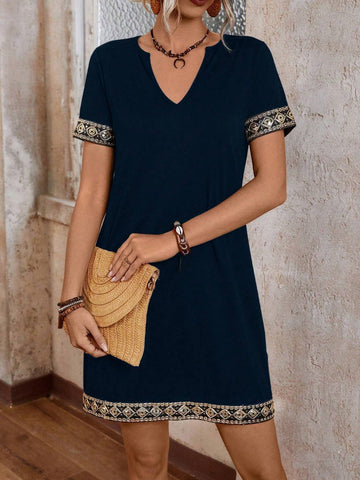 Women Simple V-Neck Patchwork Short Sleeve Casual A-Line Mini Dress SKU: sz2408163434772644