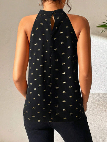 LUNE Women Sleeveless Blouse With Bow Tie And Gold Foil Embellishment
