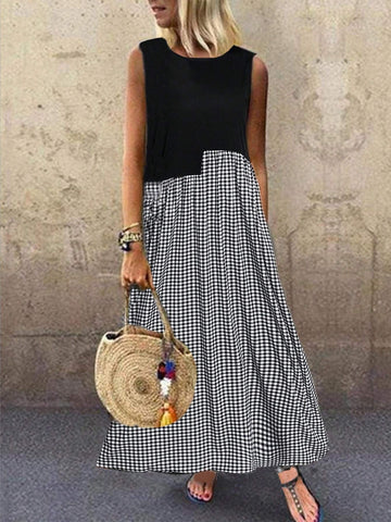 Women Sleeveless Patchwork Plaid Print Dress