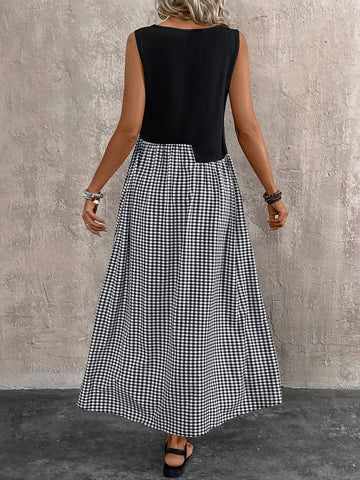 Women Sleeveless Patchwork Plaid Print Dress