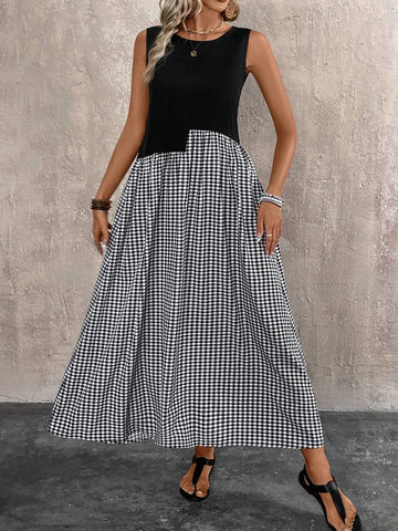 Women Sleeveless Patchwork Plaid Print Dress
