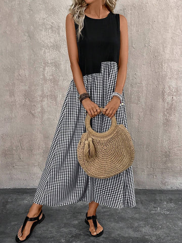 Women Sleeveless Patchwork Plaid Print Dress