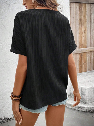 LUNE Women Solid BatwingSleeve V-Neck Shirt