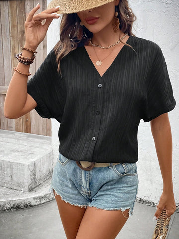 LUNE Women Solid BatwingSleeve V-Neck Shirt