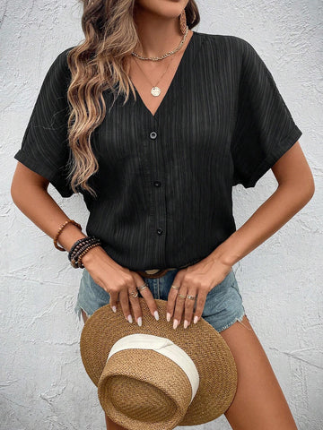 LUNE Women Solid BatwingSleeve V-Neck Shirt