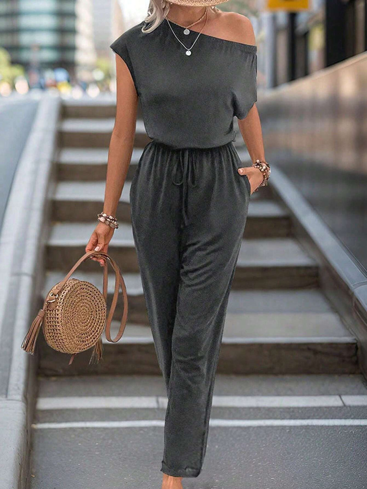 Women Solid Color Casual T-Shirt & Asymmetrical Neck Jumpsuit, Summer