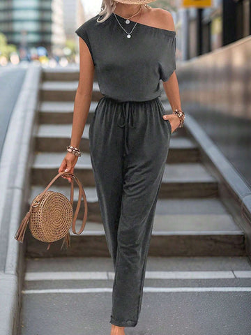 Women Solid Color Casual T-Shirt & Asymmetrical Neck Jumpsuit, Summer