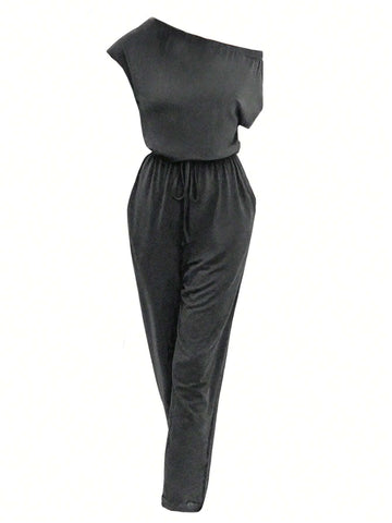 Women Solid Color Casual T-Shirt & Asymmetrical Neck Jumpsuit, Summer