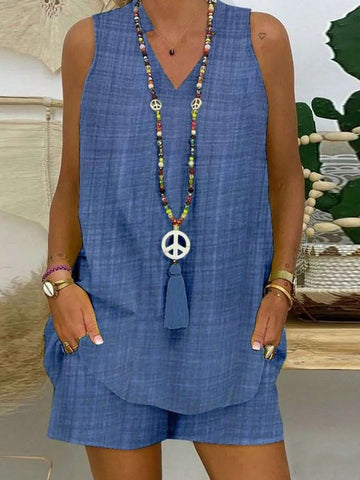 Women Solid Color Notch V-Neck Sleeveless Shirt And Loose Shorts Casual Summer Two-Piece Set