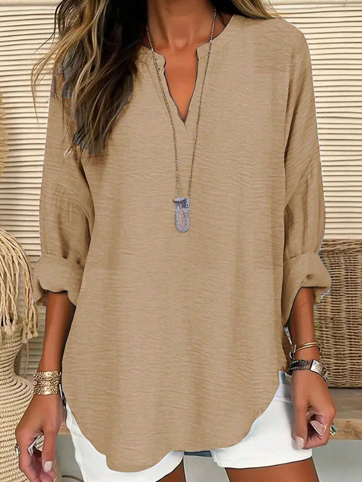 LUNE Women Solid Color Notched Collar Casual Daily Wear SpringSummer Shirt