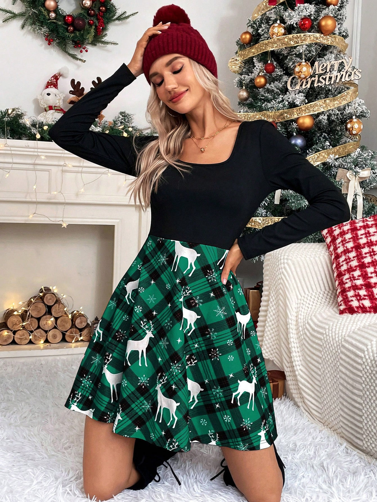 Women Solid Color Patchwork Long Sleeve Simple Casual Short Dress