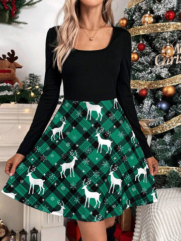 Women Solid Color Patchwork Long Sleeve Simple Casual Short Dress