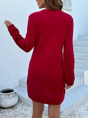Women Solid Color Round Neck Long Sleeve Casual Mini Dress