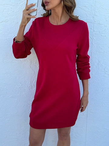 Women Solid Color Round Neck Long Sleeve Casual Mini Dress