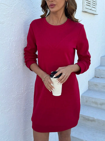 Women Solid Color Round Neck Long Sleeve Casual Mini Dress