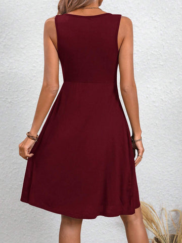 Women Solid Color Round Neck With Pockets Casual Sleeveless Dress