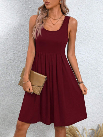 Women Solid Color Round Neck With Pockets Casual Sleeveless Dress