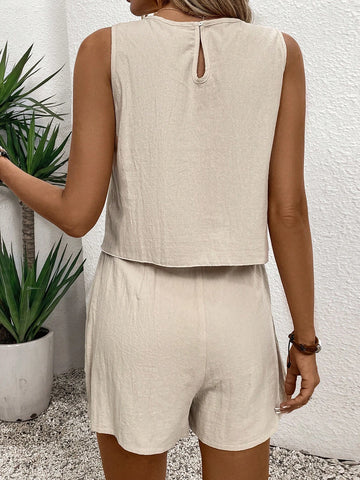 Women Solid Color Simple Sleeveless Vest Top And Shorts Two Piece Set