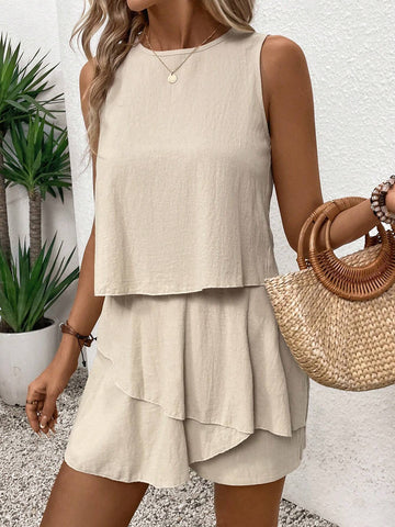 Women Solid Color Simple Sleeveless Vest Top And Shorts Two Piece Set