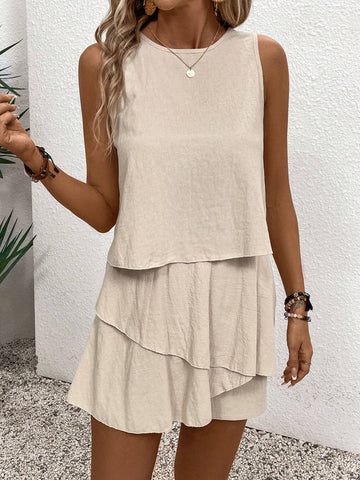 Women Solid Color Simple Sleeveless Vest Top And Shorts Two Piece Set