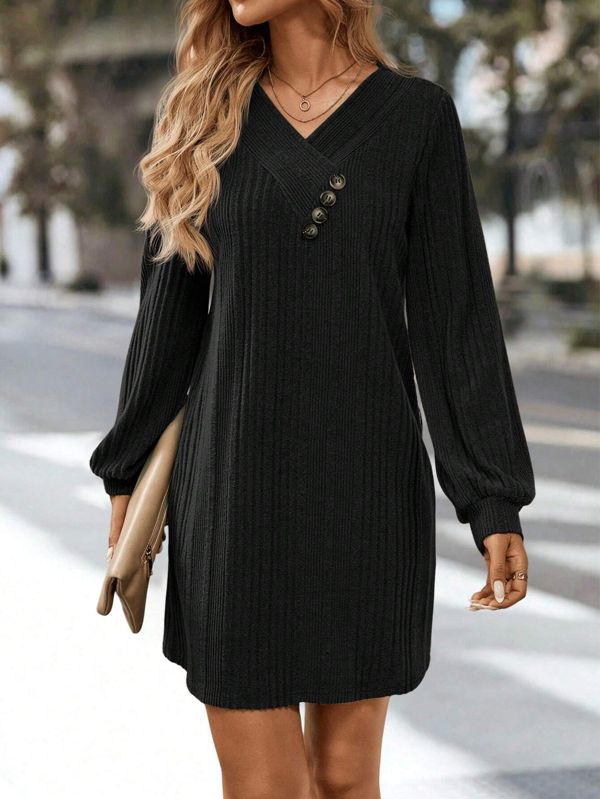Women Solid Color V-Neck Long Sleeve Button Design Ribbed Casual Short Dress, Autumn