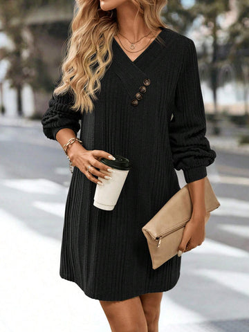 Women Solid Color V-Neck Long Sleeve Button Design Ribbed Casual Short Dress, Autumn