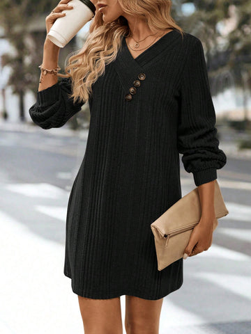 Women Solid Color V-Neck Long Sleeve Button Design Ribbed Casual Short Dress, Autumn