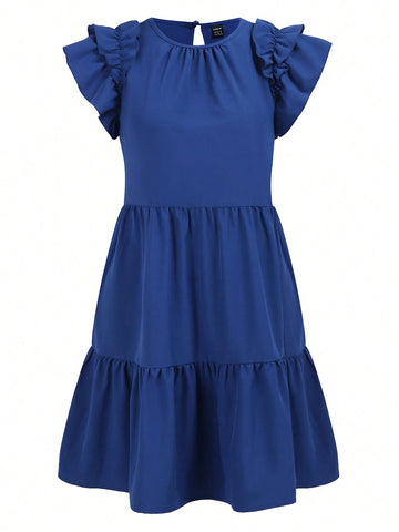 Women Solid Ruffle Armhole Tiered Hem Dress