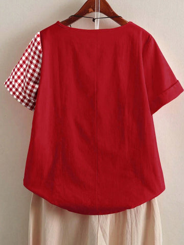 LUNE Women Spring/Summer Casual Plaid Patchwork Shirt