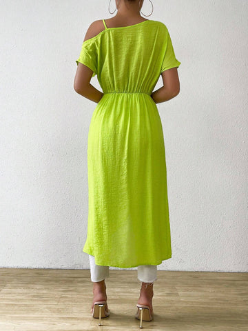 LUNE Women Spring/Summer Casual Solid Color Asymmetric Collar Twist-Knot Split Hem Long Shirt