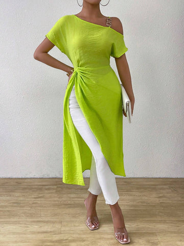 LUNE Women Spring/Summer Casual Solid Color Asymmetric Collar Twist-Knot Split Hem Long Shirt