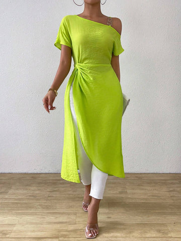 LUNE Women Spring/Summer Casual Solid Color Asymmetric Collar Twist-Knot Split Hem Long Shirt