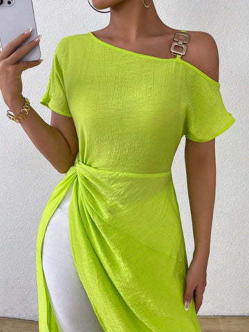 LUNE Women Spring/Summer Casual Solid Color Asymmetric Collar Twist-Knot Split Hem Long Shirt