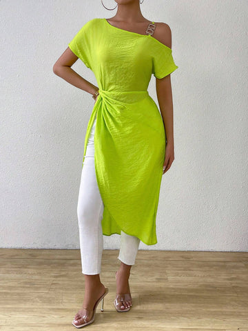 LUNE Women Spring/Summer Casual Solid Color Asymmetric Collar Twist-Knot Split Hem Long Shirt