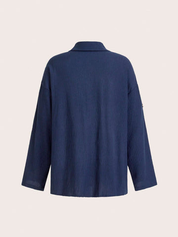 LUNE Women Spring/Summer Solid Color Roll-Up Sleeve Loose Casual Shirt